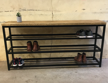 Load image into Gallery viewer, 3 Tier Industrial Design Shoe Storage Rack, Hand Made From Metal and Reclaimed Wood
