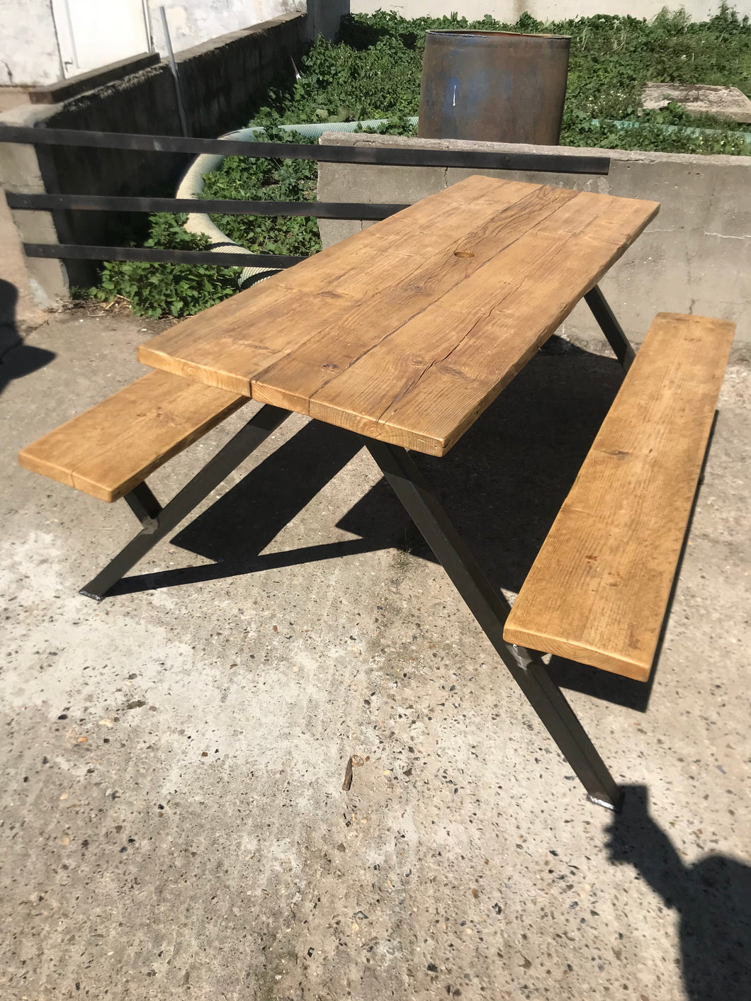 Picnic Bench Reclaimed wood and metal rustic industrial design Hand made