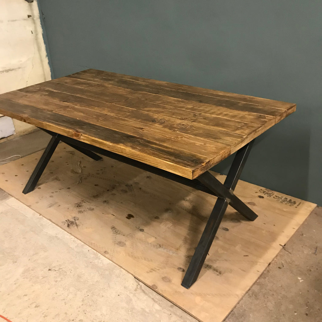 X Framed Rustic Industrial Kitchen Dining Table, handmade from reclaimed wood and steel.