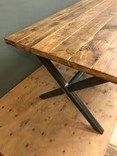 Load image into Gallery viewer, X Framed Rustic Industrial Kitchen Dining Table, handmade from reclaimed wood and steel.
